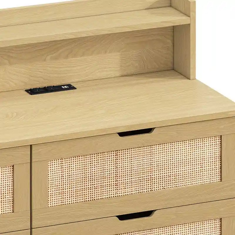 Boho Rattan 6-Drawer Sideboard with LED Lights & Power Outlet