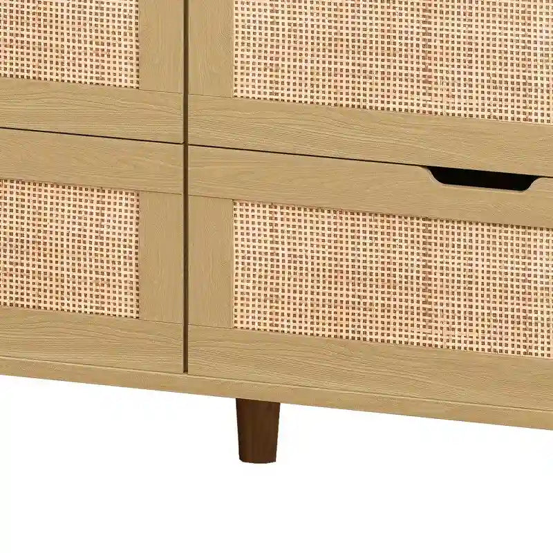 Boho Rattan 6-Drawer Sideboard with LED Lights & Power Outlet