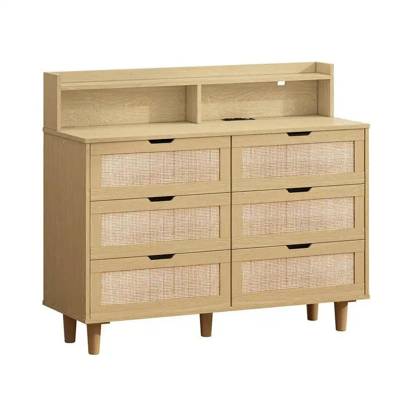 Boho Rattan 6-Drawer Sideboard with LED Lights & Power Outlet