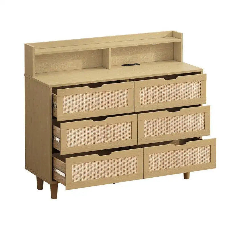 Boho Rattan 6-Drawer Sideboard with LED Lights & Power Outlet