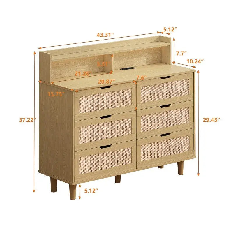 Boho Rattan 6-Drawer Sideboard with LED Lights & Power Outlet