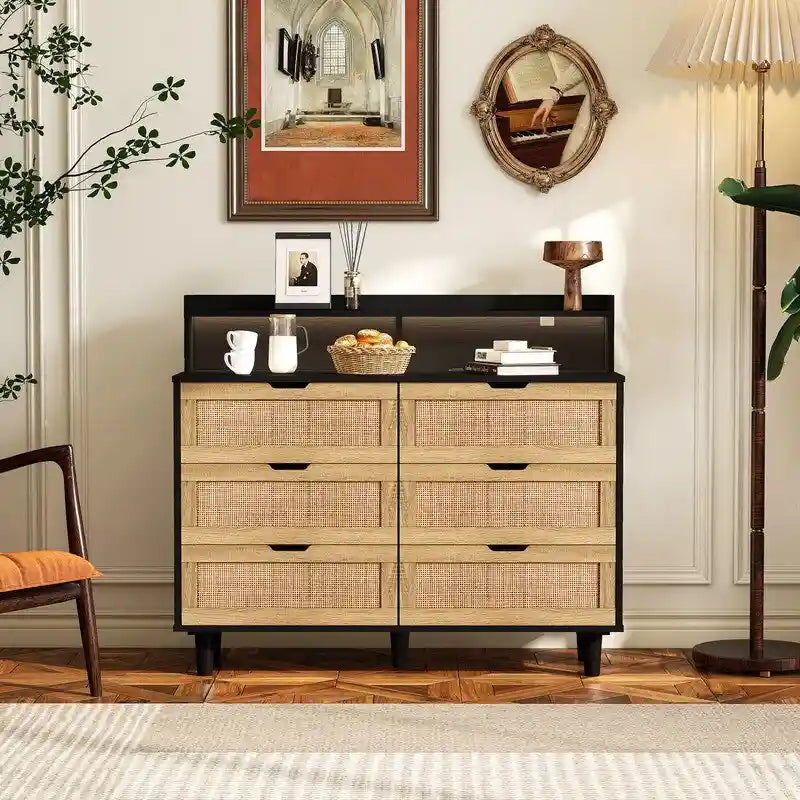 Boho Rattan 6-Drawer Sideboard with LED Lights & Power Outlet