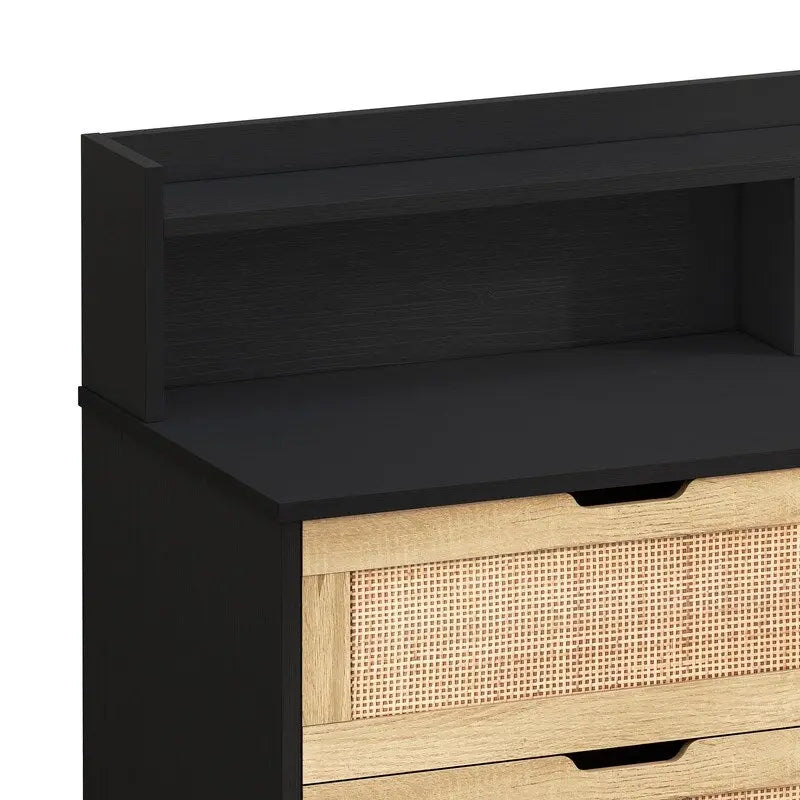 Boho Rattan 6-Drawer Sideboard with LED Lights & Power Outlet