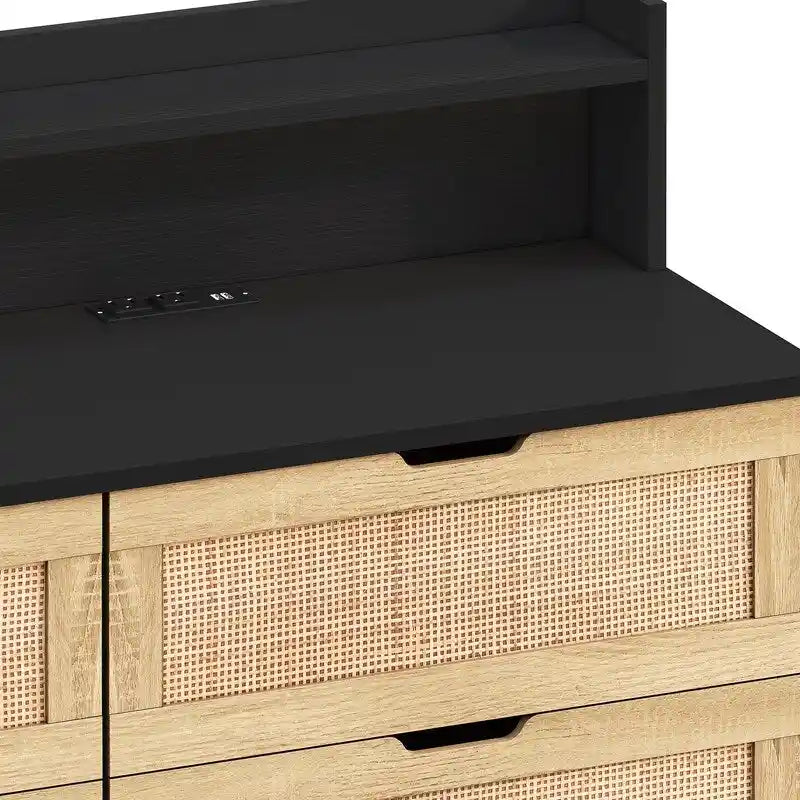 Boho Rattan 6-Drawer Sideboard with LED Lights & Power Outlet