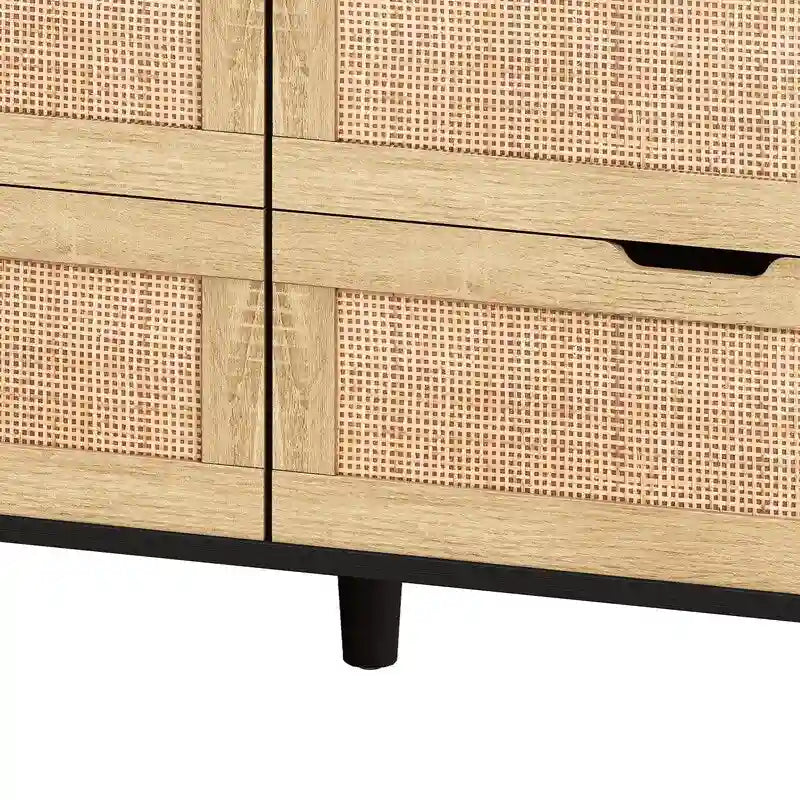 Boho Rattan 6-Drawer Sideboard with LED Lights & Power Outlet