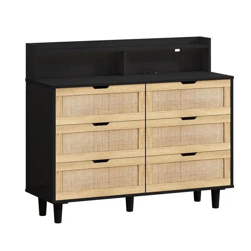 Boho Rattan 6-Drawer Sideboard with LED Lights & Power Outlet