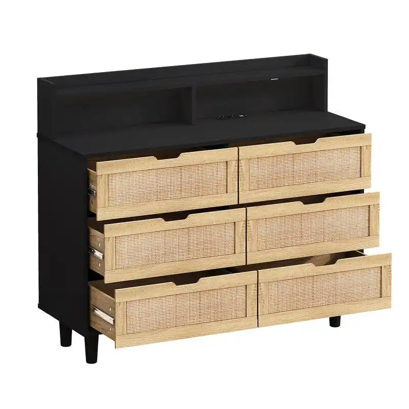 Boho Rattan 6-Drawer Sideboard with LED Lights & Power Outlet