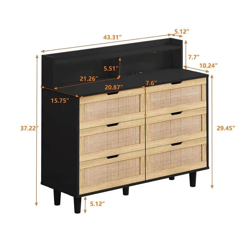 Boho Rattan 6-Drawer Sideboard with LED Lights & Power Outlet
