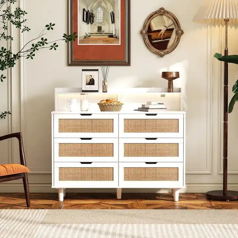Boho Rattan 6-Drawer Sideboard with LED Lights & Power Outlet