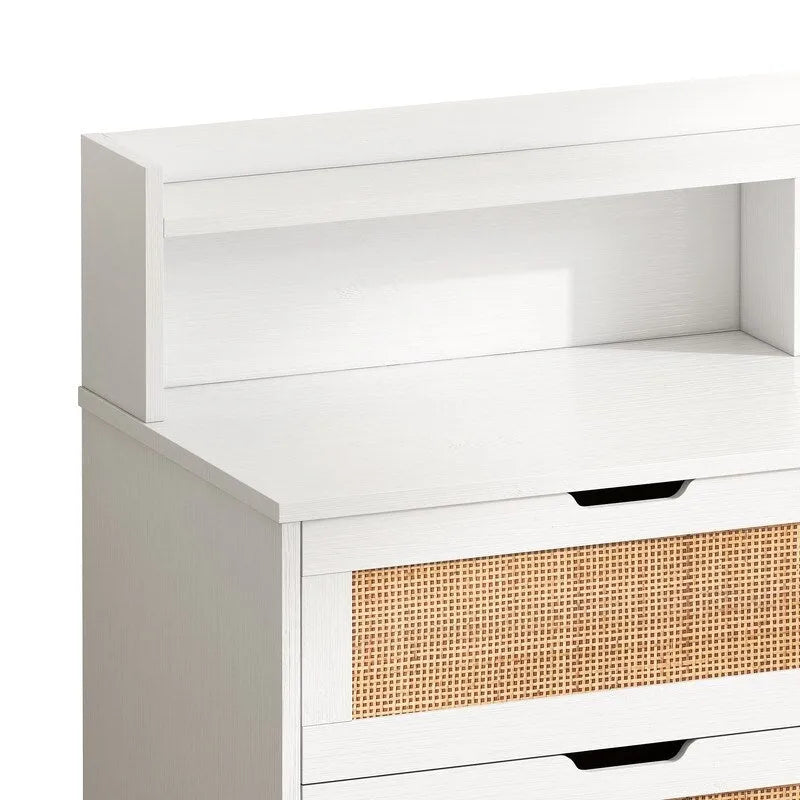 Boho Rattan 6-Drawer Sideboard with LED Lights & Power Outlet