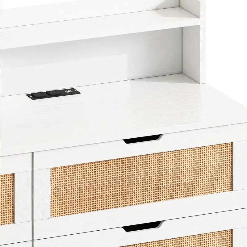 Boho Rattan 6-Drawer Sideboard with LED Lights & Power Outlet