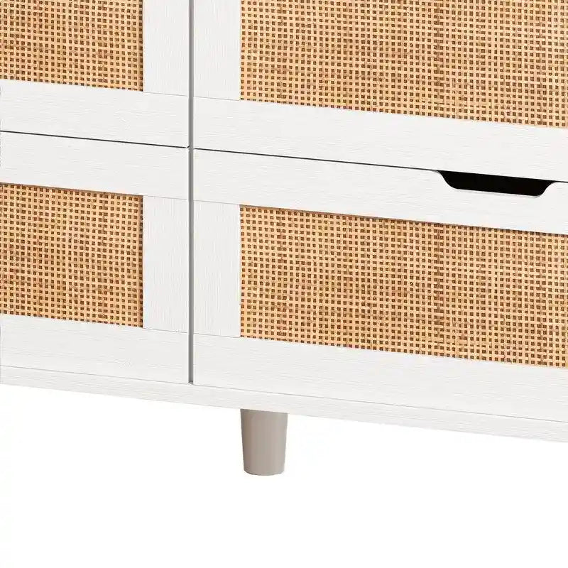 Boho Rattan 6-Drawer Sideboard with LED Lights & Power Outlet