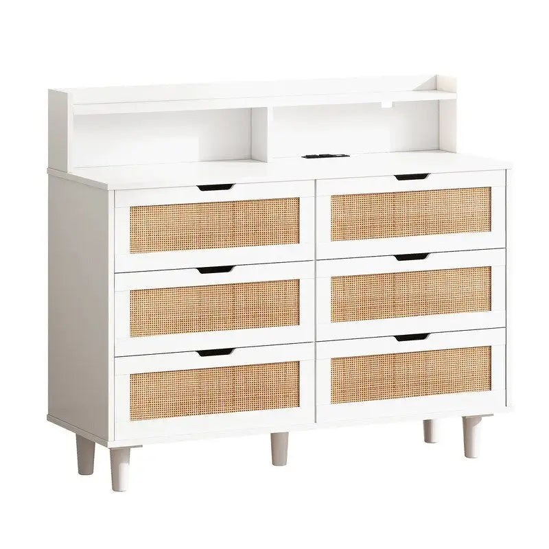 Boho Rattan 6-Drawer Sideboard with LED Lights & Power Outlet