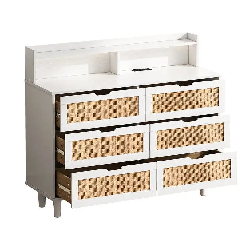 Boho Rattan 6-Drawer Sideboard with LED Lights & Power Outlet