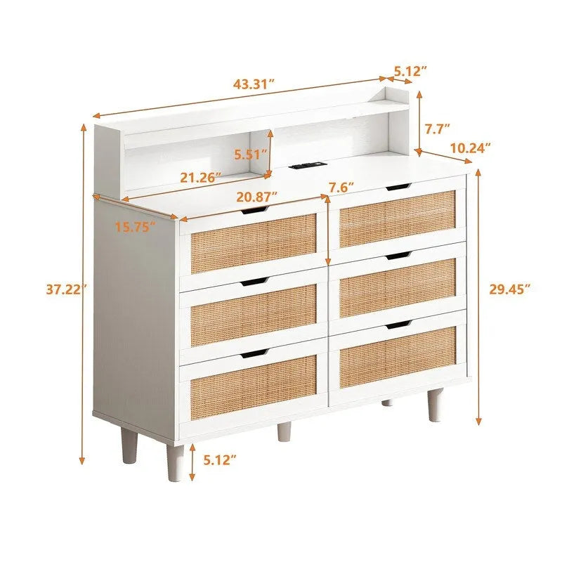 Boho Rattan 6-Drawer Sideboard with LED Lights & Power Outlet