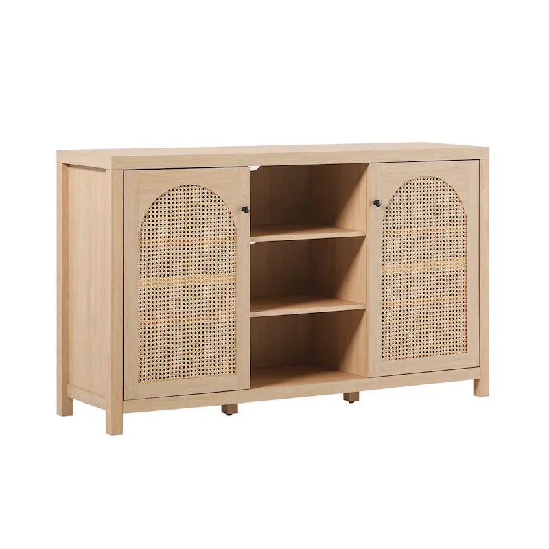 58" Sideboard with Arched Rattan Door Panels, Open Shelves & Cable Management – 2 Colors