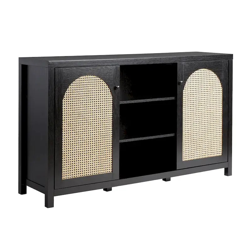 58" Sideboard with Arched Rattan Door Panels, Open Shelves & Cable Management – 2 Colors