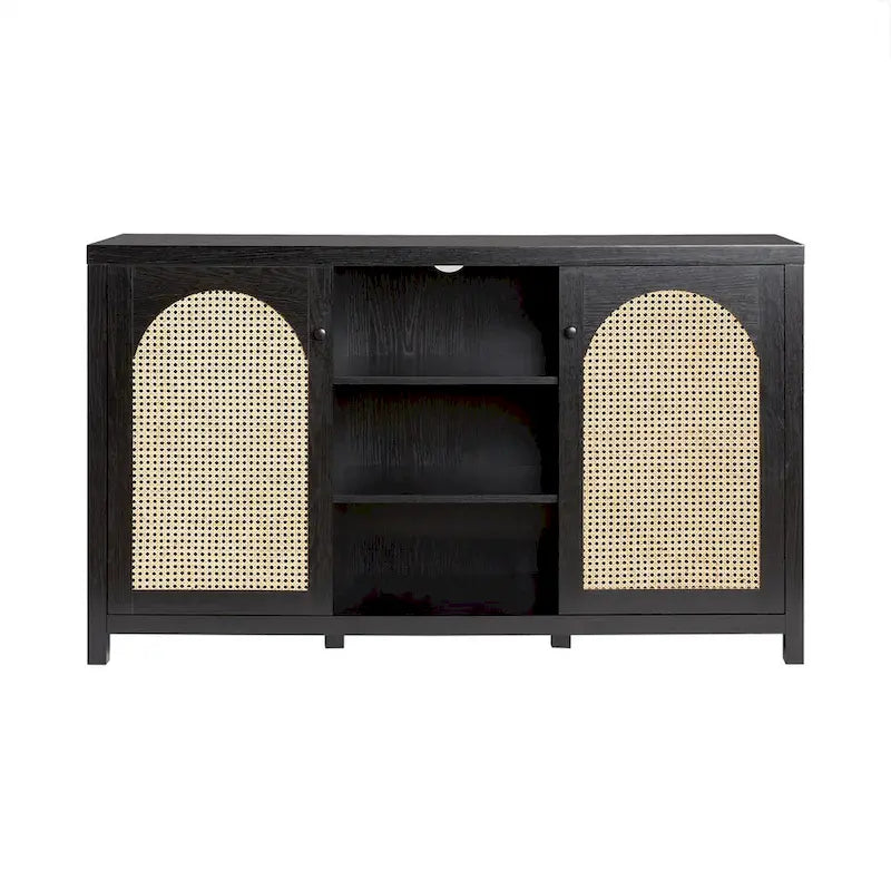 58" Sideboard with Arched Rattan Door Panels, Open Shelves & Cable Management – 2 Colors