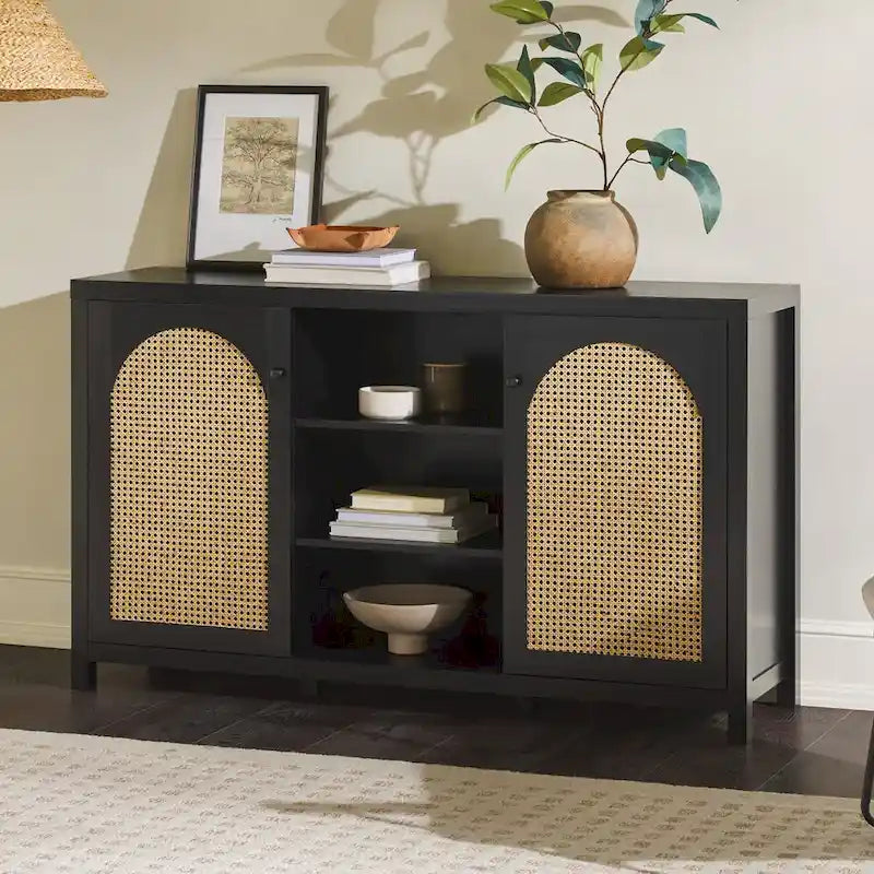 58" Sideboard with Arched Rattan Door Panels, Open Shelves & Cable Management – 2 Colors