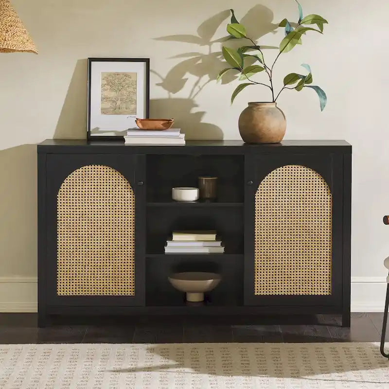 58" Sideboard with Arched Rattan Door Panels, Open Shelves & Cable Management – 2 Colors