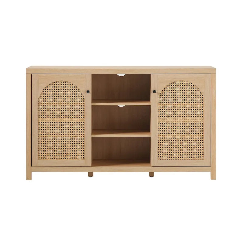 58" Sideboard with Arched Rattan Door Panels, Open Shelves & Cable Management – 2 Colors