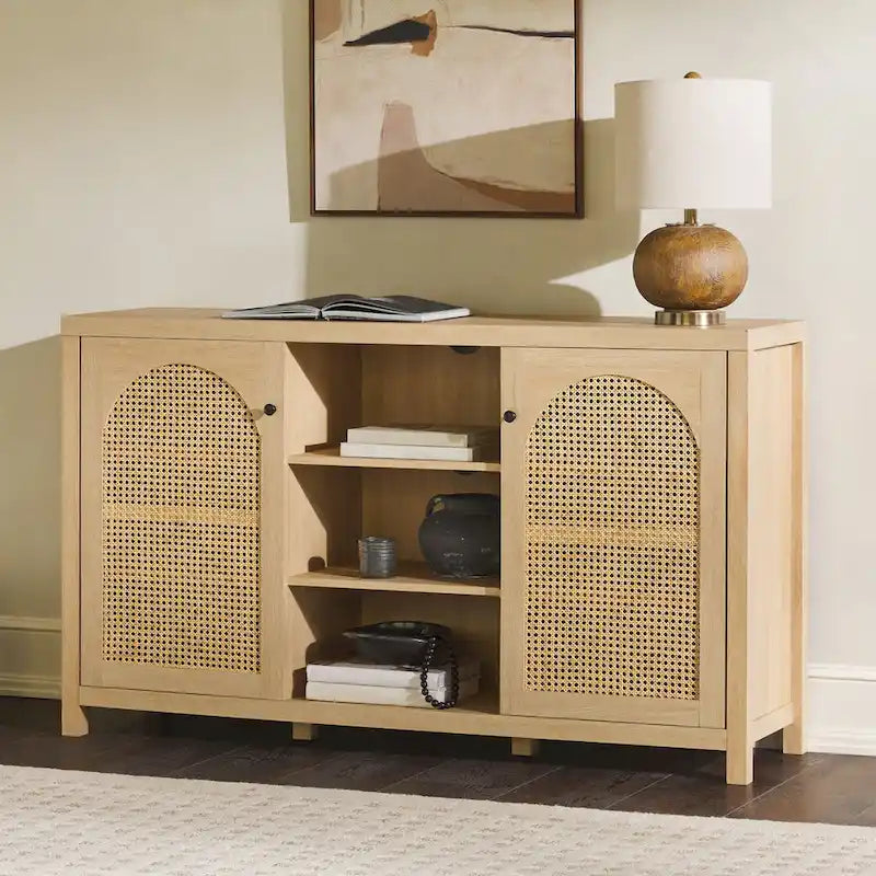 58" Sideboard with Arched Rattan Door Panels, Open Shelves & Cable Management – 2 Colors