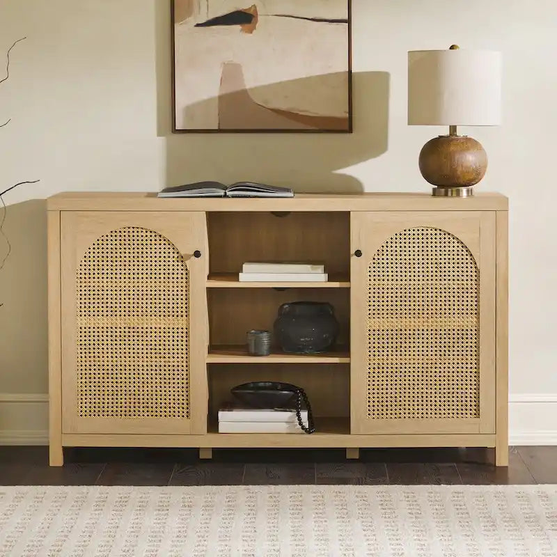 58" Sideboard with Arched Rattan Door Panels, Open Shelves & Cable Management – 2 Colors