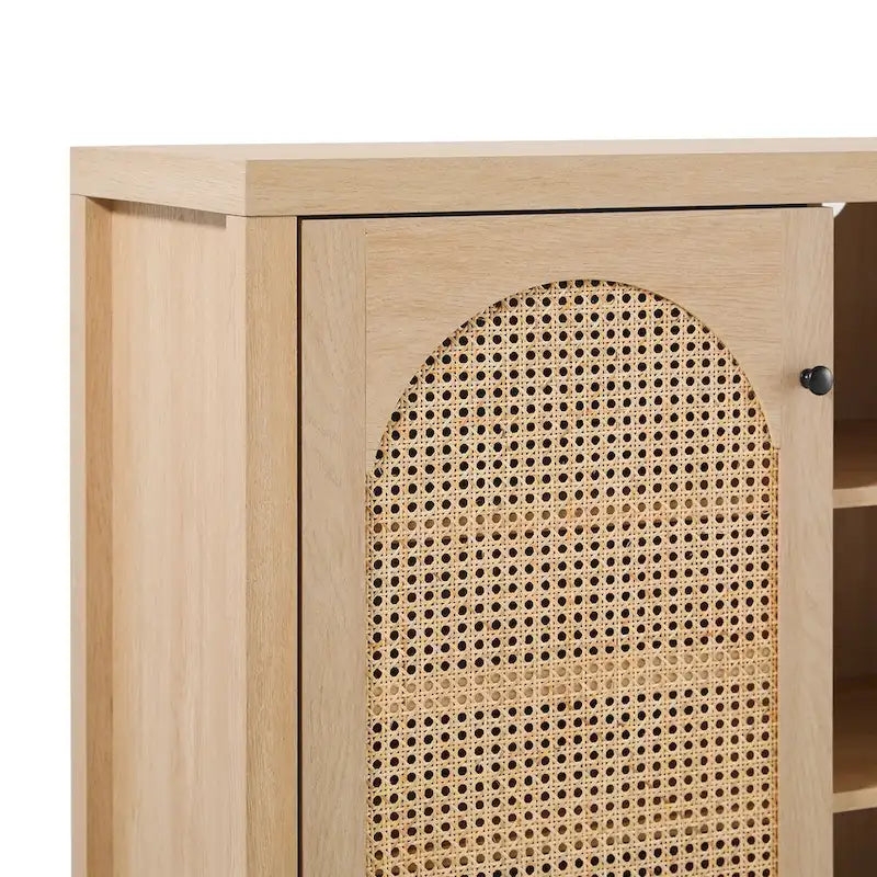 58" Sideboard with Arched Rattan Door Panels, Open Shelves & Cable Management – 2 Colors