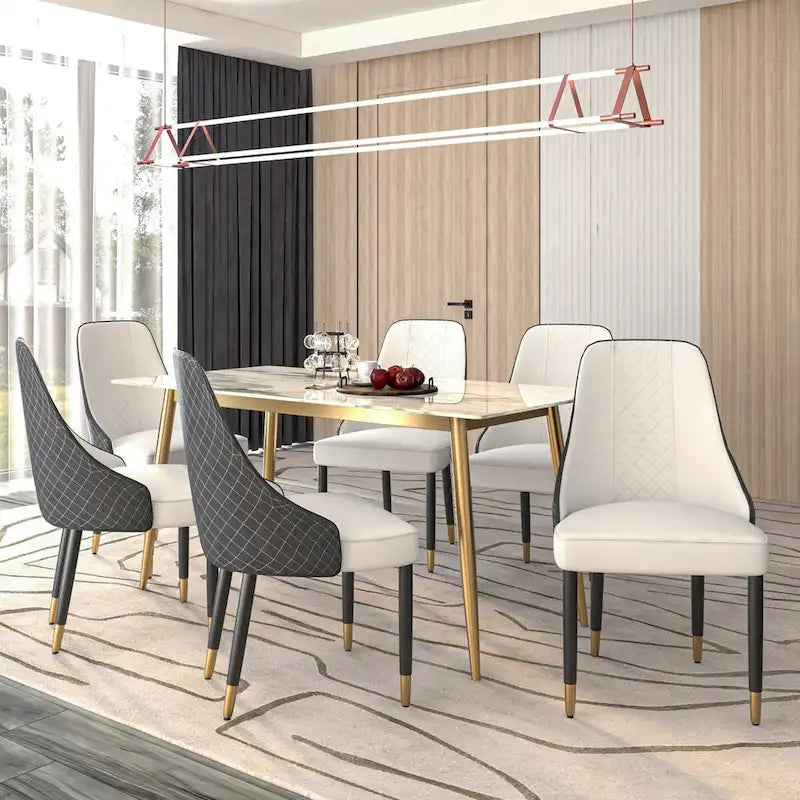 Chaise de salle à manger à dossier haut surpiquée losanges – Options tissu et cuir PU, pieds en bois de chêne