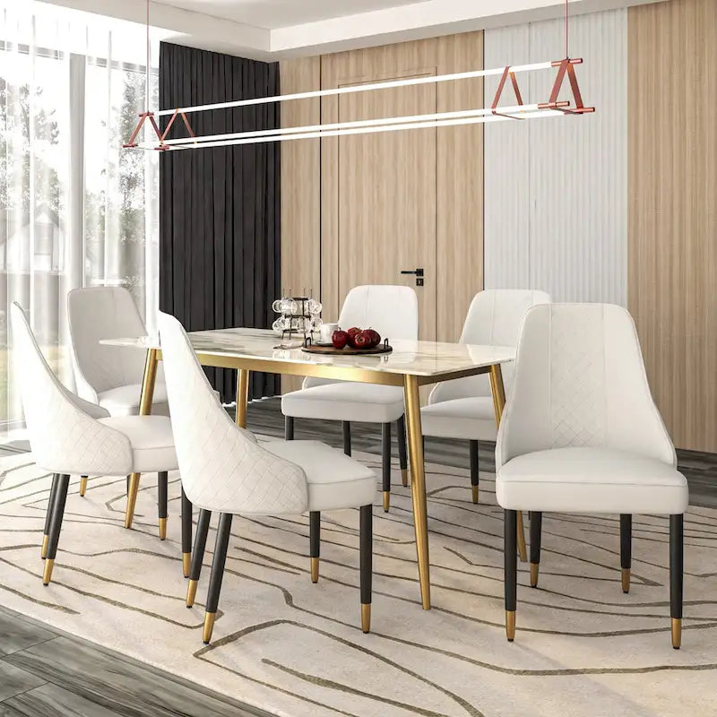 Chaise de salle à manger à dossier haut surpiquée losanges – Options tissu et cuir PU, pieds en bois de chêne