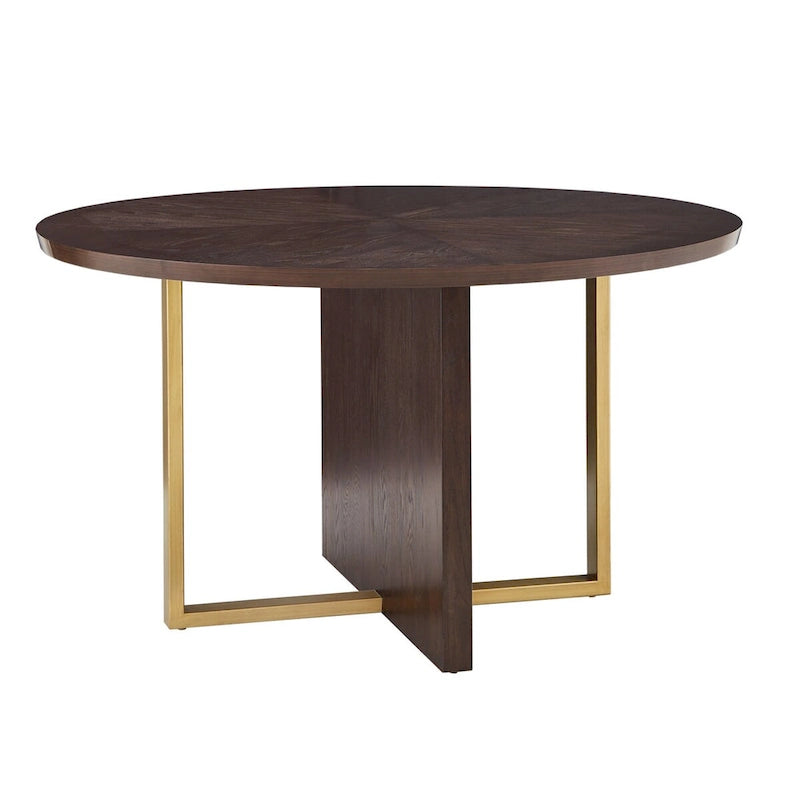 Table de salle à manger ronde de 137 cm avec incrustation en placage de chêne et accents en métal doré, coloris expresso