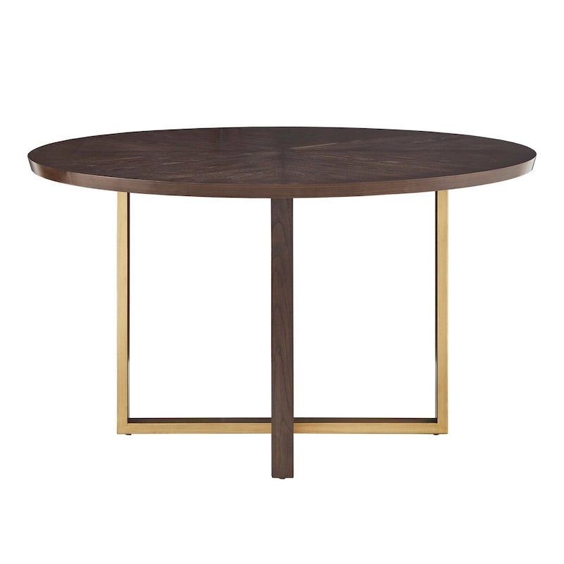 Table de salle à manger ronde de 137 cm avec incrustation en placage de chêne et accents en métal doré, coloris expresso
