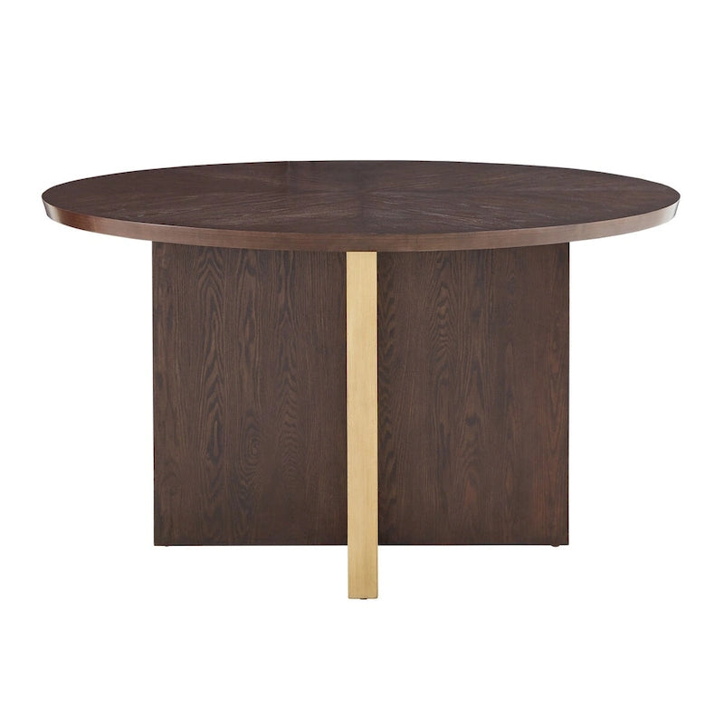 Table de salle à manger ronde de 137 cm avec incrustation en placage de chêne et accents en métal doré, coloris expresso