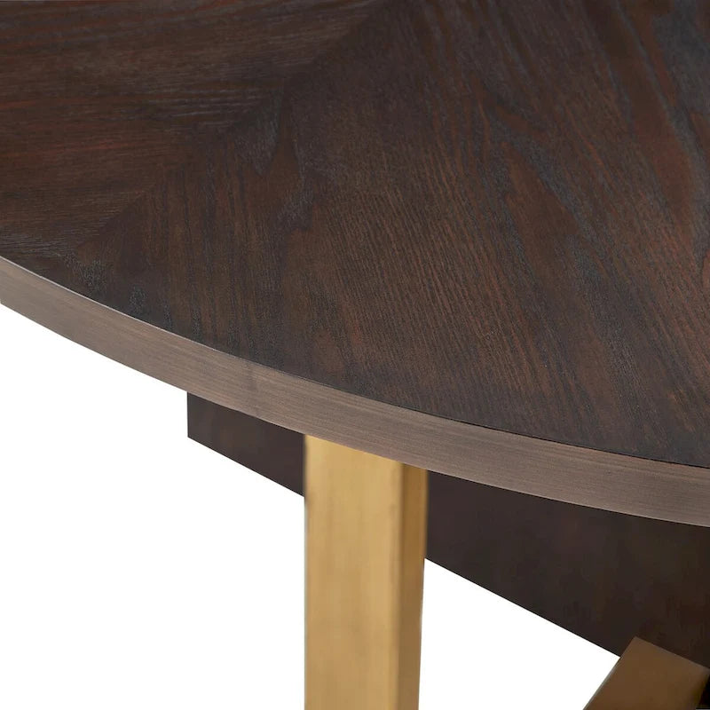 Table de salle à manger ronde de 137 cm avec incrustation en placage de chêne et accents en métal doré, coloris expresso
