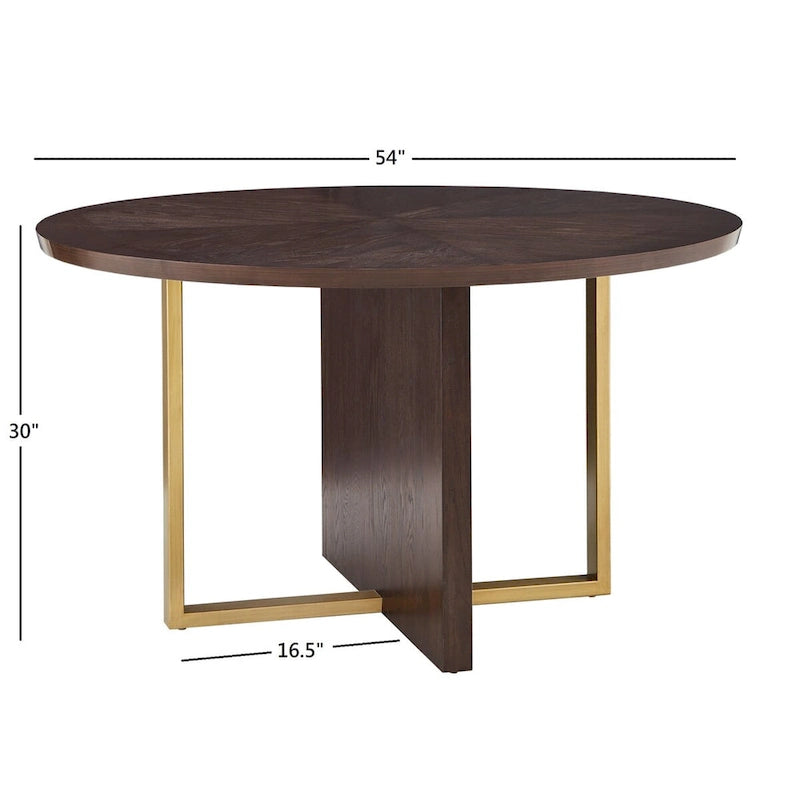 Table de salle à manger ronde de 137 cm avec incrustation en placage de chêne et accents en métal doré, coloris expresso
