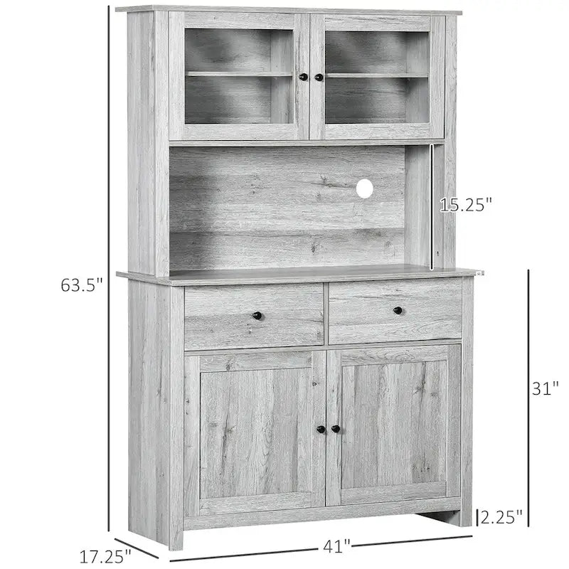 Kitchen Buffet with Hutch, Glass Doors & Drawers – Rustic Wood Grain, Grey