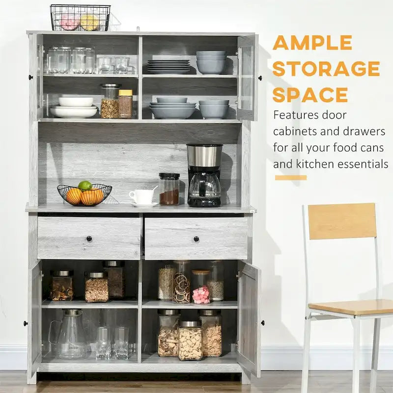 Kitchen Buffet with Hutch, Glass Doors & Drawers – Rustic Wood Grain, Grey