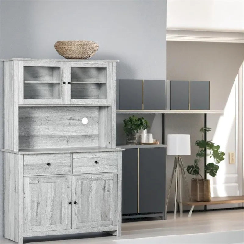 Kitchen Buffet with Hutch, Glass Doors & Drawers – Rustic Wood Grain, Grey