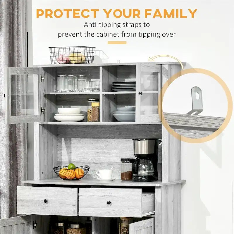 Kitchen Buffet with Hutch, Glass Doors & Drawers – Rustic Wood Grain, Grey