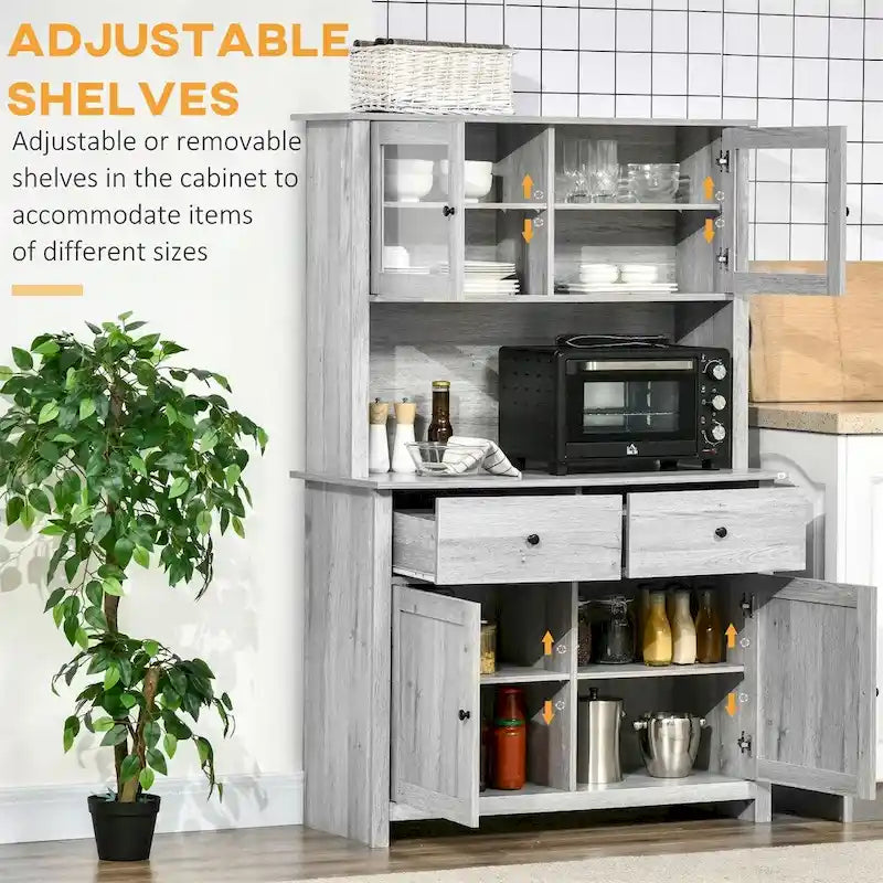 Kitchen Buffet with Hutch, Glass Doors & Drawers – Rustic Wood Grain, Grey