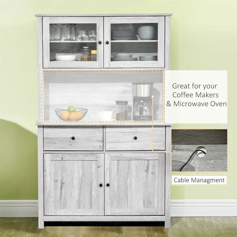 Kitchen Buffet with Hutch, Glass Doors & Drawers – Rustic Wood Grain, Grey