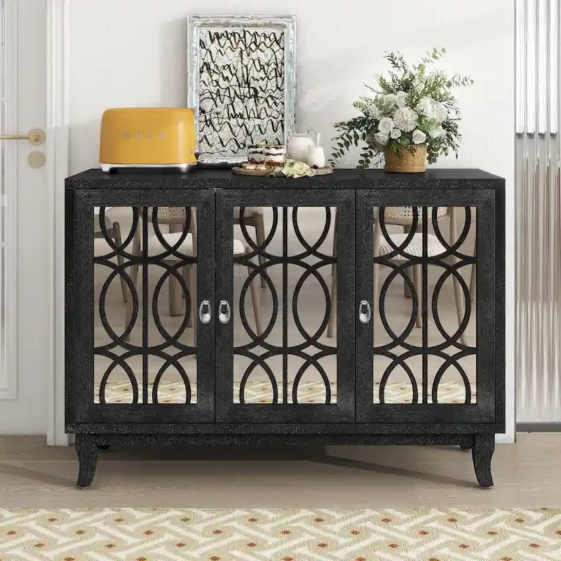 3-Door Farmhouse Sideboard with Hollow Streamline Panels, Silver Teardrop Handles & Adjustable Shelves – 3 Colors
