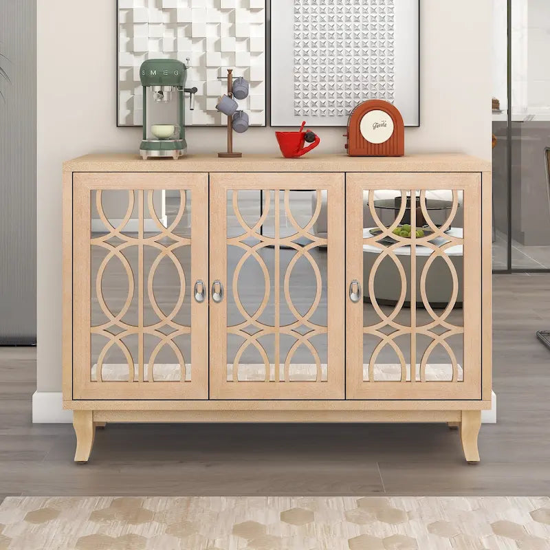 3-Door Farmhouse Sideboard with Hollow Streamline Panels, Silver Teardrop Handles & Adjustable Shelves – 3 Colors