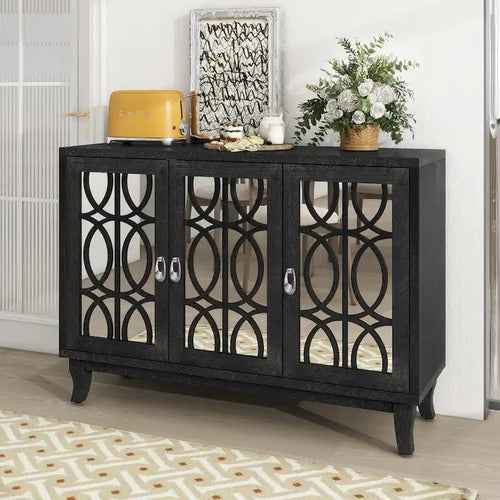3-Door Farmhouse Sideboard with Hollow Streamline Panels, Silver Teardrop Handles & Adjustable Shelves – 3 Colors