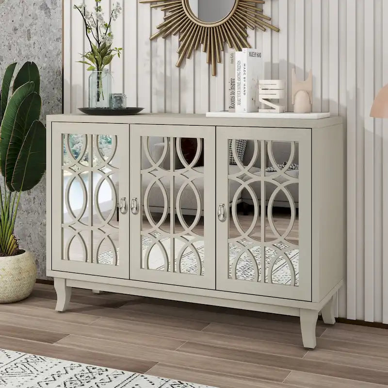 3-Door Farmhouse Sideboard with Hollow Streamline Panels, Silver Teardrop Handles & Adjustable Shelves – 3 Colors