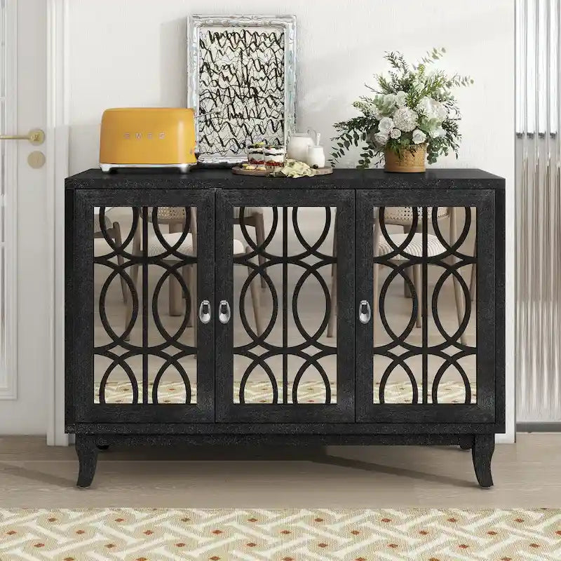 3-Door Farmhouse Sideboard with Hollow Streamline Panels, Silver Teardrop Handles & Adjustable Shelves – 3 Colors