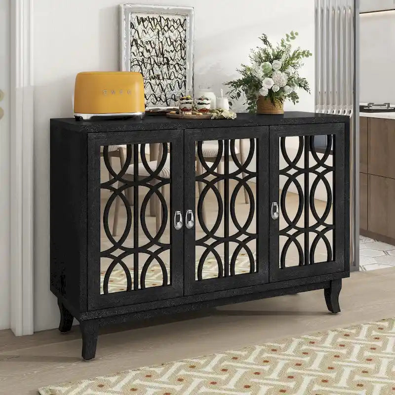 3-Door Farmhouse Sideboard with Hollow Streamline Panels, Silver Teardrop Handles & Adjustable Shelves – 3 Colors