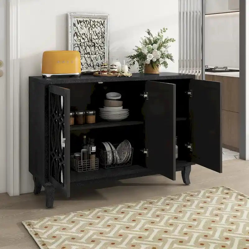 3-Door Farmhouse Sideboard with Hollow Streamline Panels, Silver Teardrop Handles & Adjustable Shelves – 3 Colors