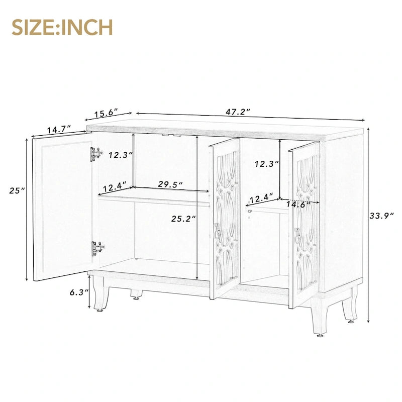 3-Door Farmhouse Sideboard with Hollow Streamline Panels, Silver Teardrop Handles & Adjustable Shelves – 3 Colors