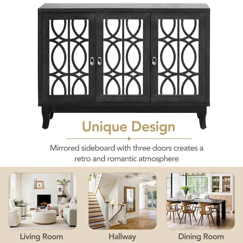 3-Door Farmhouse Sideboard with Hollow Streamline Panels, Silver Teardrop Handles & Adjustable Shelves – 3 Colors